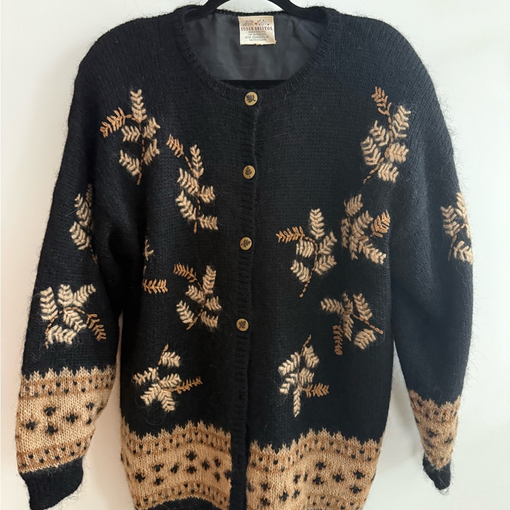 Susan Bristol Black Cardigan with Tan Leaf Embroidery